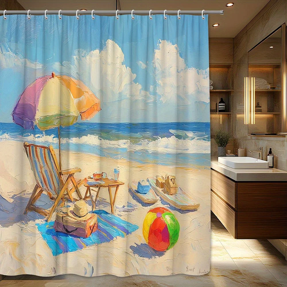 

1pc Vibrant Beach Chair & Umbrella Shower Curtain - Summer Coastal Scene with Sandcastles, Striped Towels & Ocean Waves, Polyest