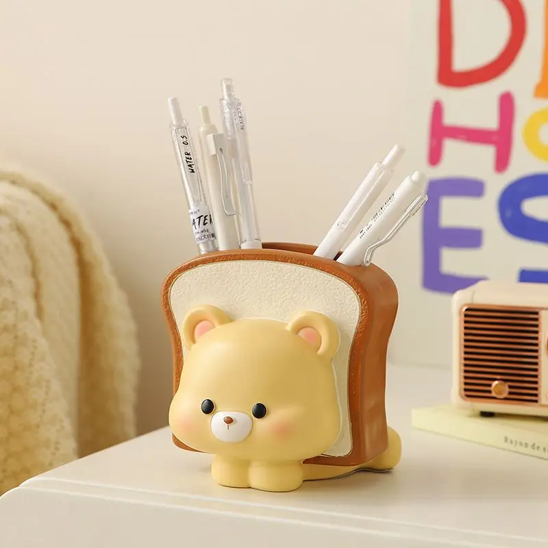 Cute Toast Pen Holder Makeup Brush Organizer Desktop Storage Box Bear Healing Decompression Gifts Kawaii Desk Accessories