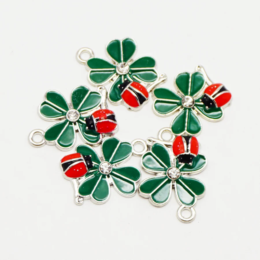 20pcs Green And Red Color Clover Ladybug Flower Enamel Pendant Charm Jewelry Finding Necklace Phone Accessories 37058