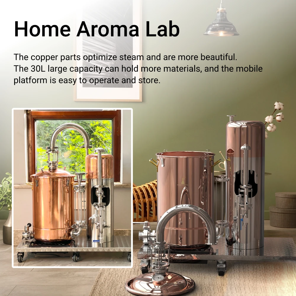 HOOLOO MOVE-30 جهاز تقطير هيدروسول/زيت أساسي لا يزال C10000 قطع منزلية من النحاس الأحمر متحركة مع منصة 2200 وات تسخين كهربائي #3