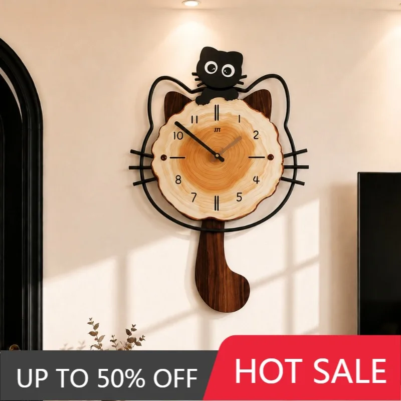 Modern Wall Clock Cute Black Cat Wood Grain Pendulum Clock Minimalist Interior Hanging Clocks Creative Home Decoration Watch