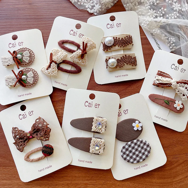 

Coffee Color Hair Clips for Girls Korean Style Embroidery Lace Bow Flower Fabric Hair Barrettes Sweet Hair Accessories for Kids