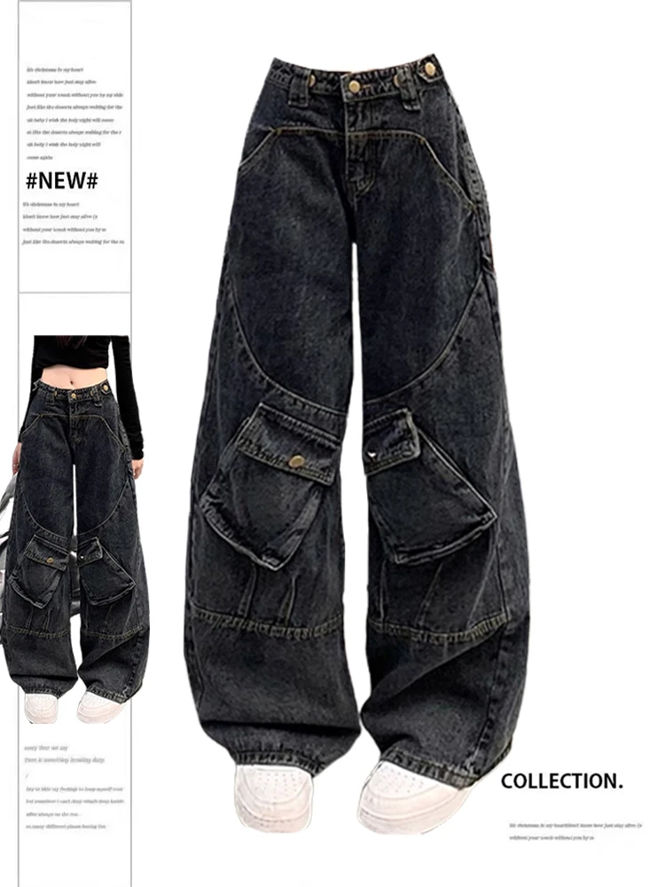 

Women's Dark Blue Baggy Cargo Jeans Vintage Korean Y2k Denim Trousers Harajuku 90s High Waist Cowboy Pants 2000s Trashy Clothes