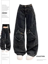 Women's Dark Blue Baggy Cargo Jeans Vintage Korean Y2k Denim Trousers Harajuku 90s High Waist Cowboy Pants 2000s Trashy Clothes