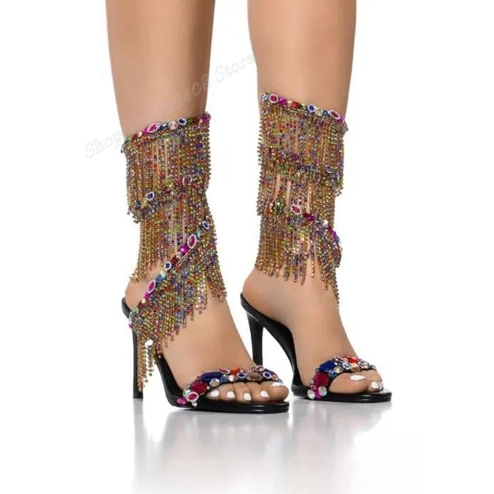 

Colorful Crystal Chain Tassels Twine Sandals Stiletto High Heel Peep Toe Women Shoes 2024 New Fashion Sexy Zapatos Para Mujere