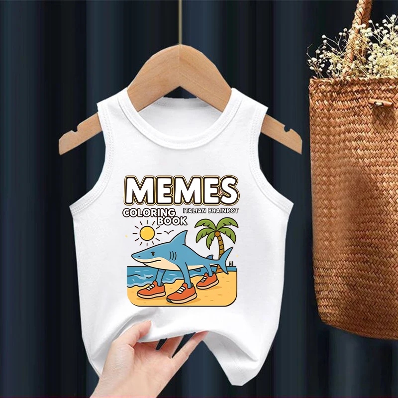 Tank Top Brainrot Italia untuk Anak-anak Kaus Lucu Gambar Kartun Anime Kaus Tanpa Lengan Fashion Luar Ruangan Pantai Anak Laki-laki Perempuan