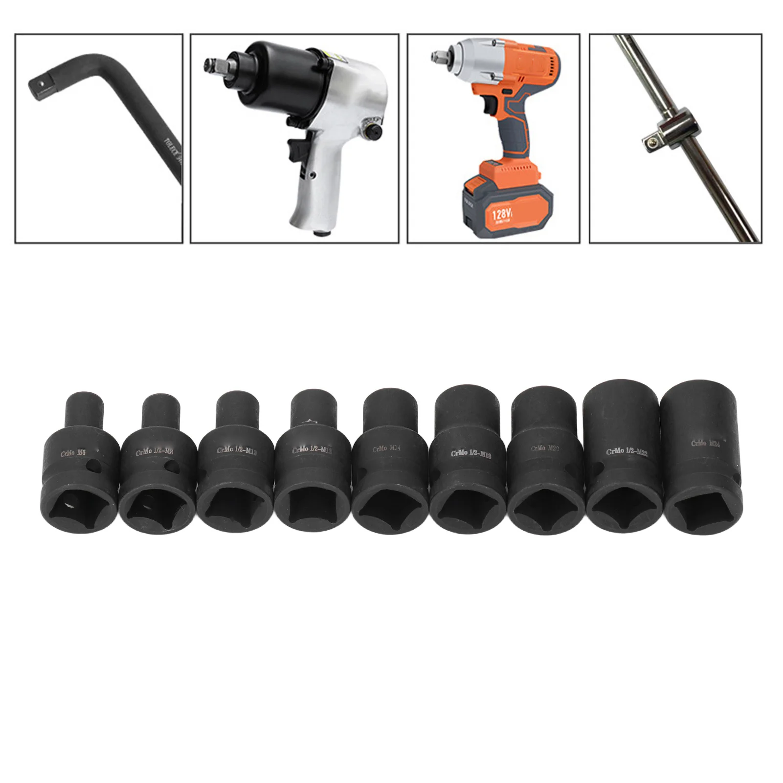 1/2 Inch Drive Square Socket Set for Electric Pneumatic Hand Wrench 9 Pieces Tap Sockets Cr Molybdenum Steel