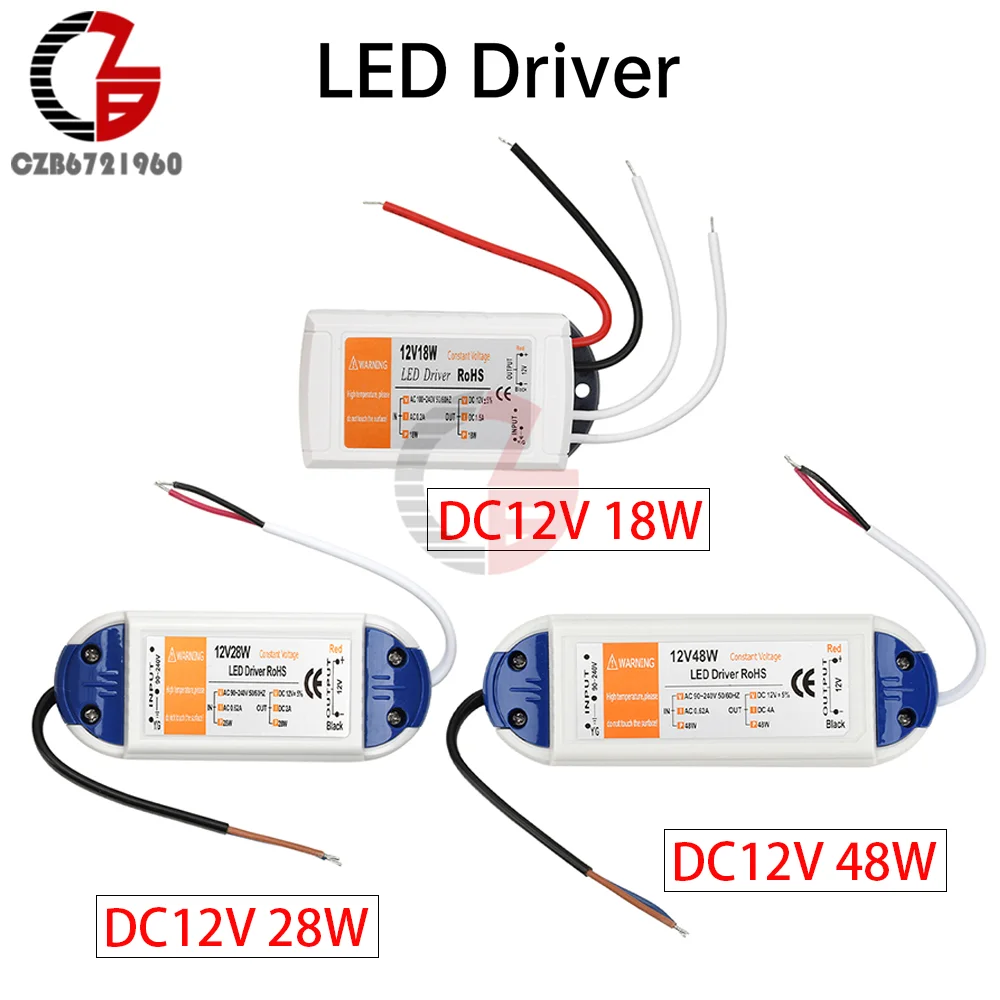 

12V LED Driver Switch Power Adapter DC12V 18W 28W 48W LED Strip Lighting Transformer Constant Current Input AC 90-240V