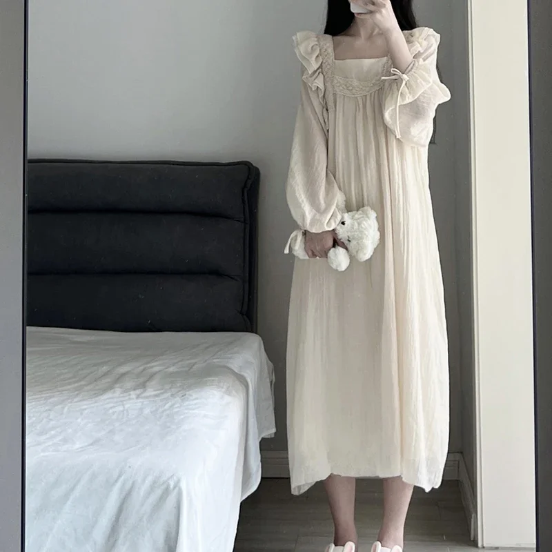 Lace nightgown sleepwear women Korean ruffles night dress spring one piece pajamas long sleeve square collar home wear 2024 New