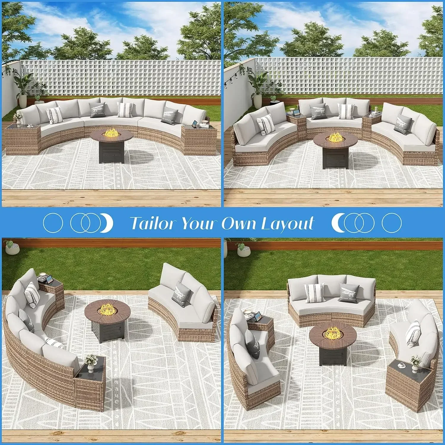 Conjuntos de muebles de patio, juego de sofás redondos seccionales, cojines para muebles de patio al aire libre y mesa de cuña para playa, piscina, balcón, color beige