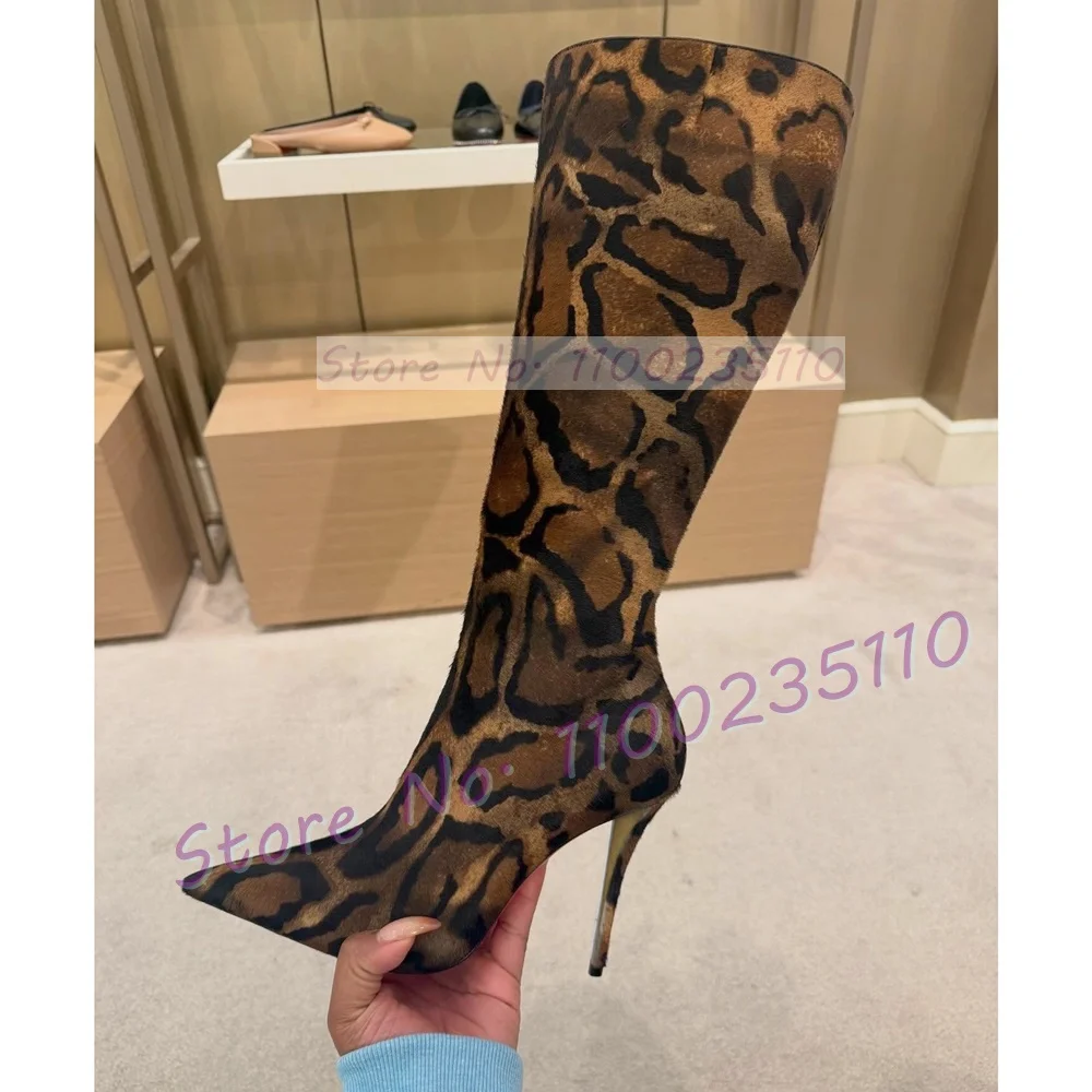 Leopard Print Faux Horsehair Knee High Boots Women Fashion Pointy Toe Runway Shoes Ladies Stylish Cool Side Zipper Slim Boots - view 5