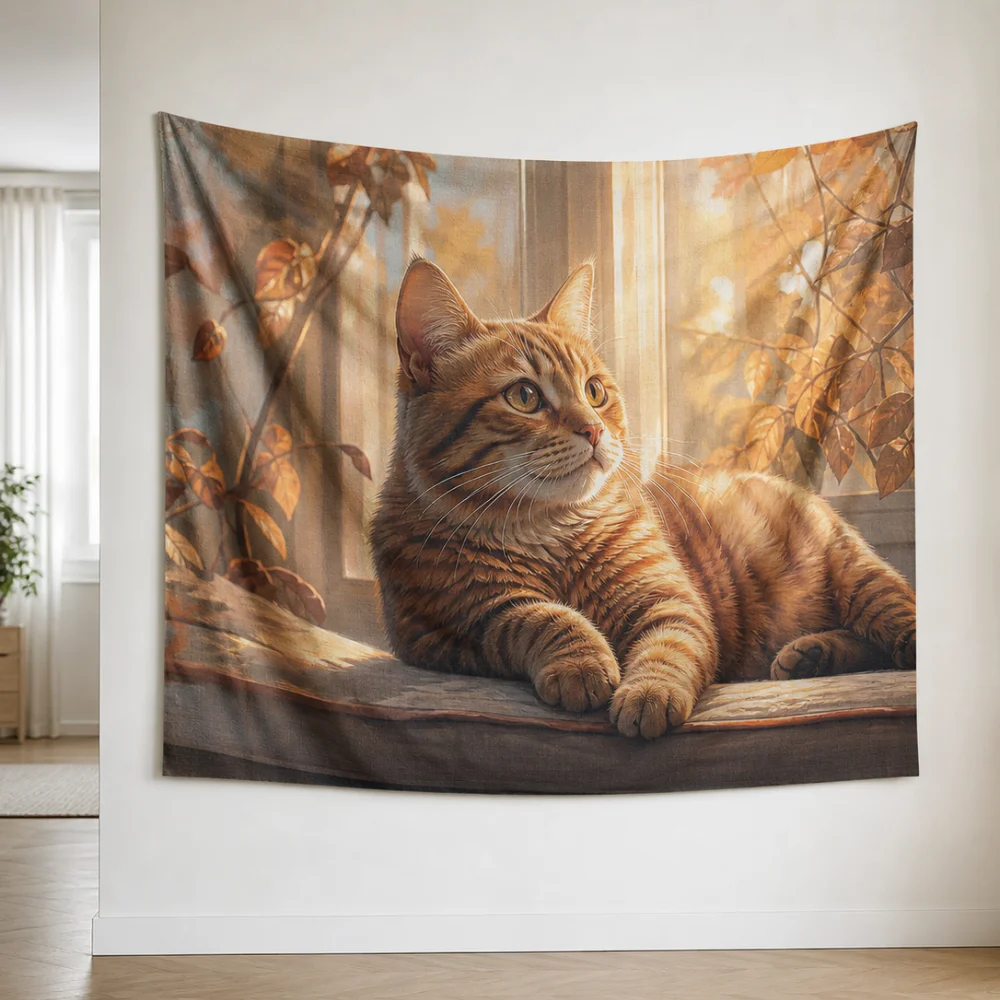 Autumn Window Orange Tiger Spotted Cat 150X100CM Customizable Printed Tapestry Bedroom Warm Atmosphere Wall Background Cloth