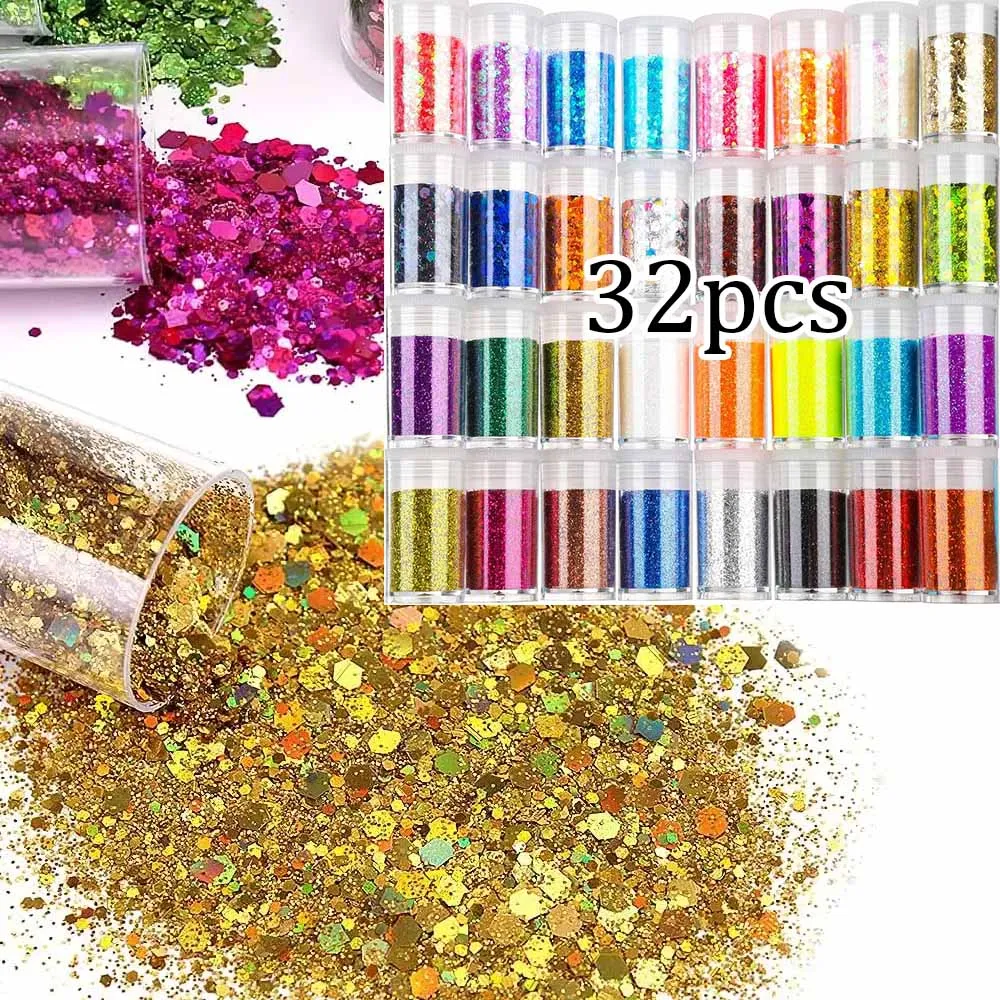 

32pcs Iridescent Holographic Nail Glitter Powder Sparkly Fine Glitter For Crafting/Eyes/Face/Nails Rainbow DIY Nail Rubbing Dust