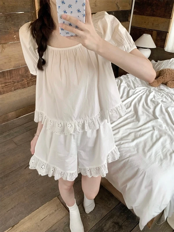 2025 New Cotton Linen Short-sleeved Pajamas Women's Summer Simple White Lace Thin Skin-friendly and Breathable Loungewear Set