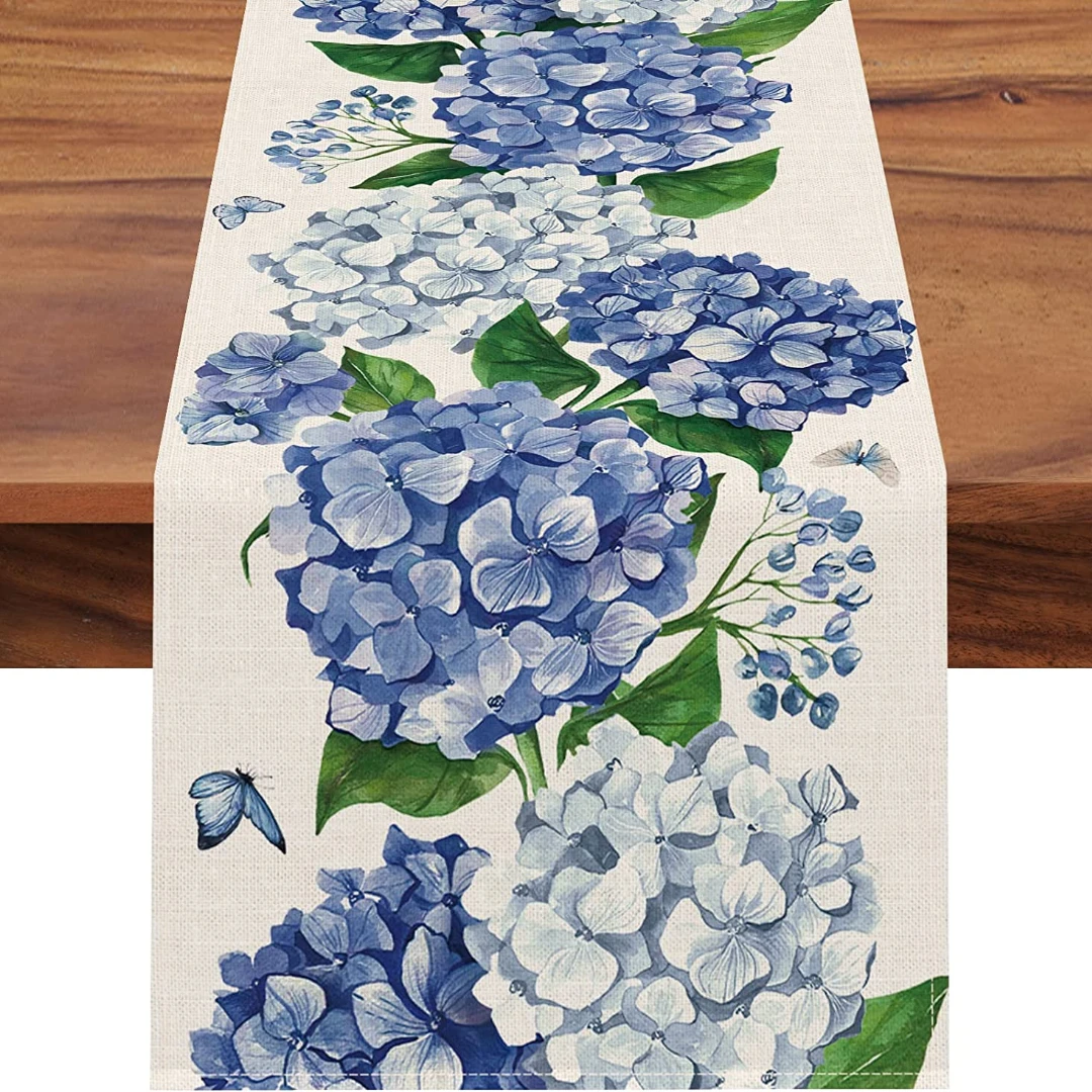 Hydrangea Floral Flowers Linen Table Runner Holiday Party Decoration Blue Butterfly Kitchen Dining   for Wedding