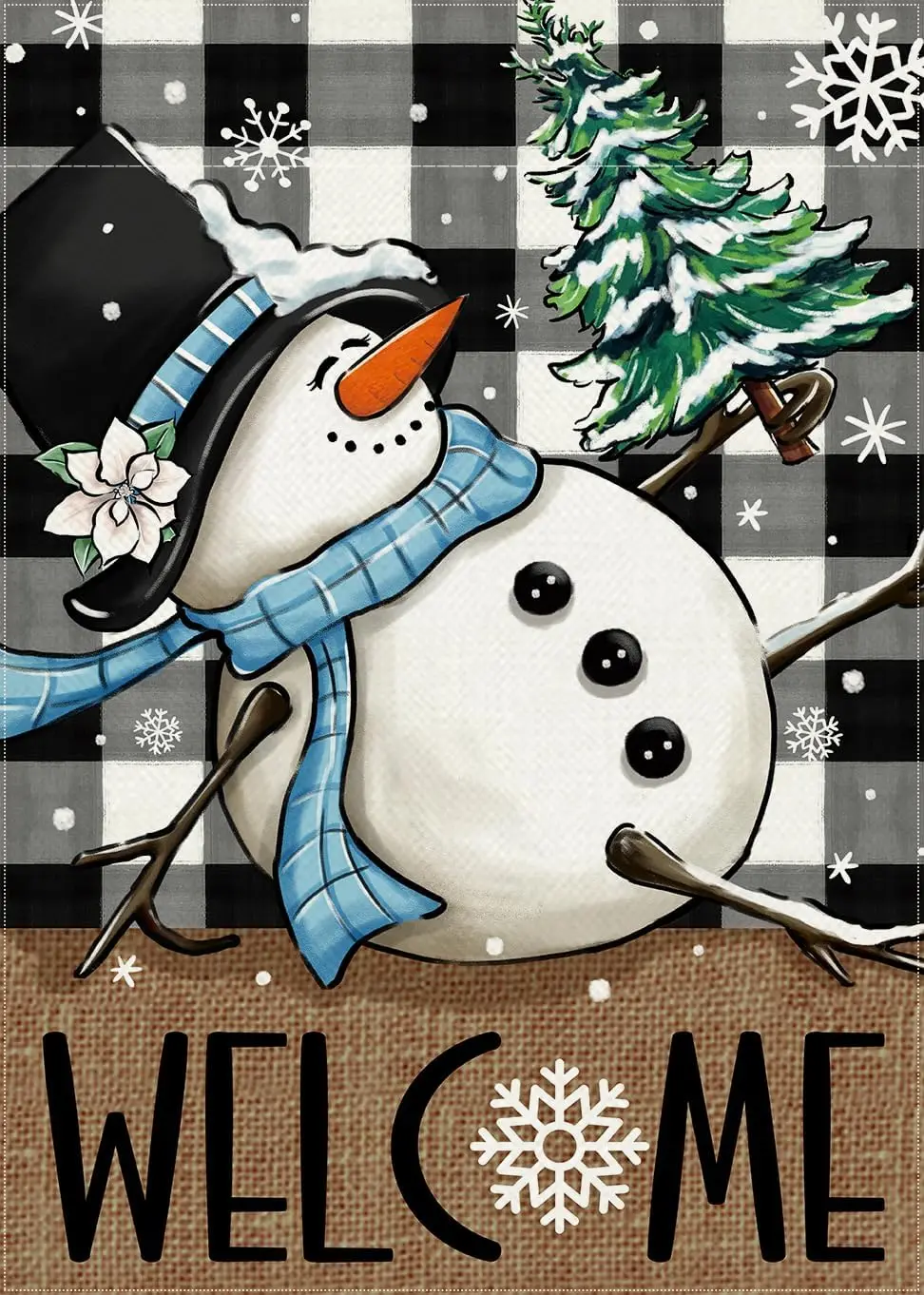 Welcome Winter Snowman Decorative Garden Flag, Black White Buffalo Plaid Check Snowflake Yard Outside Decorations, Christmas SSL