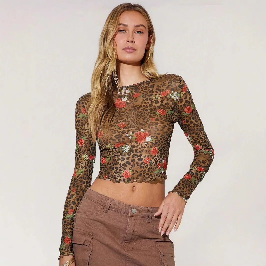 2025 primavera/verão nova feminina leopardo flor impressa malha em torno do pescoço curto manga longa camiseta topo