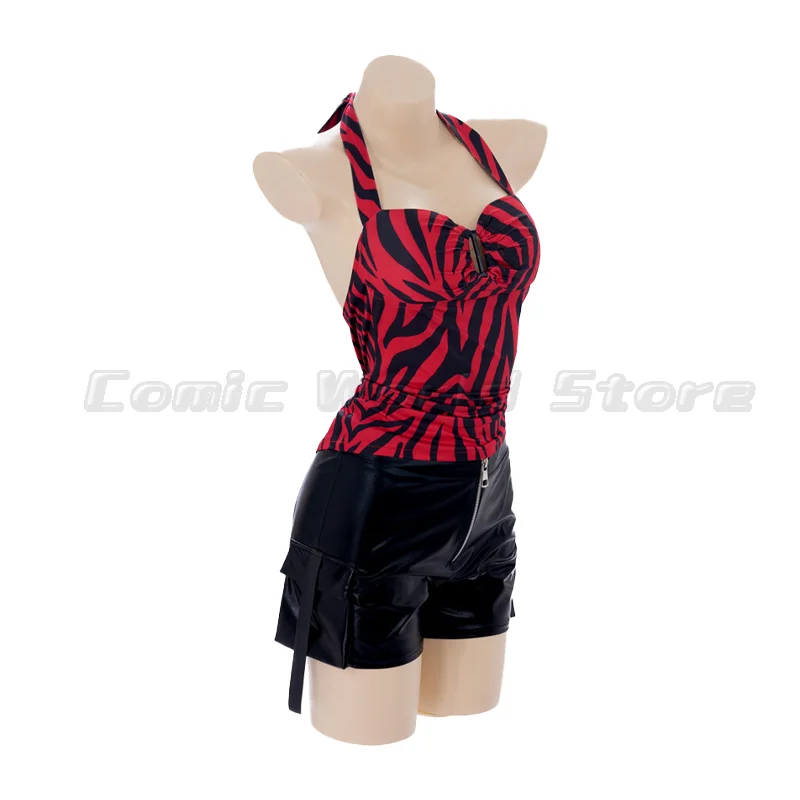 Obsession Nikki Cosplay Costume Outfit Zebra Halter Top Faux Leather Cargo Shorts Punk Streetwear Halloween Carnival Disguise view 4