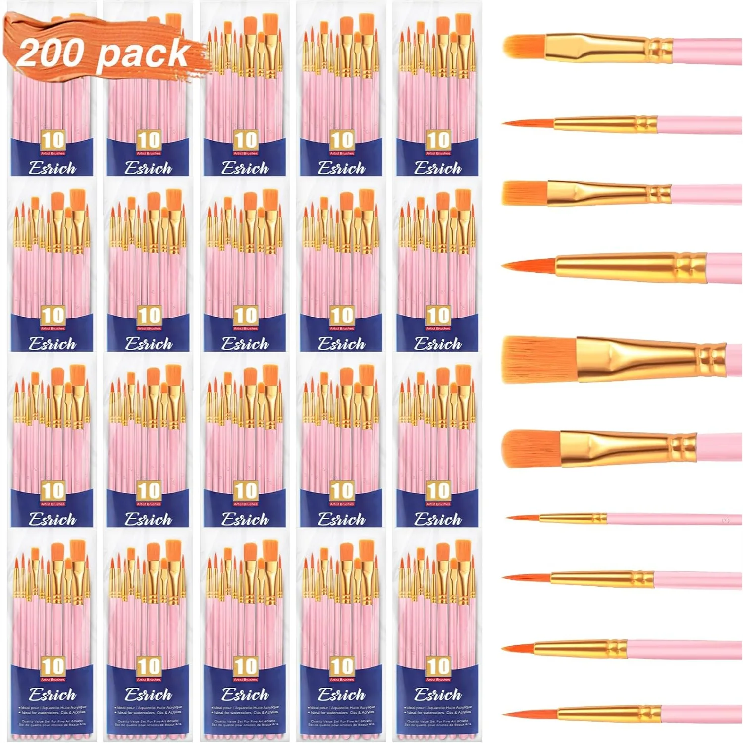 

Acrylic Paint Brushes Set, 20 Packs / 200 Pcs Nylon Hair Paint Brushes for Oil Watercolor Rock Body Face Art