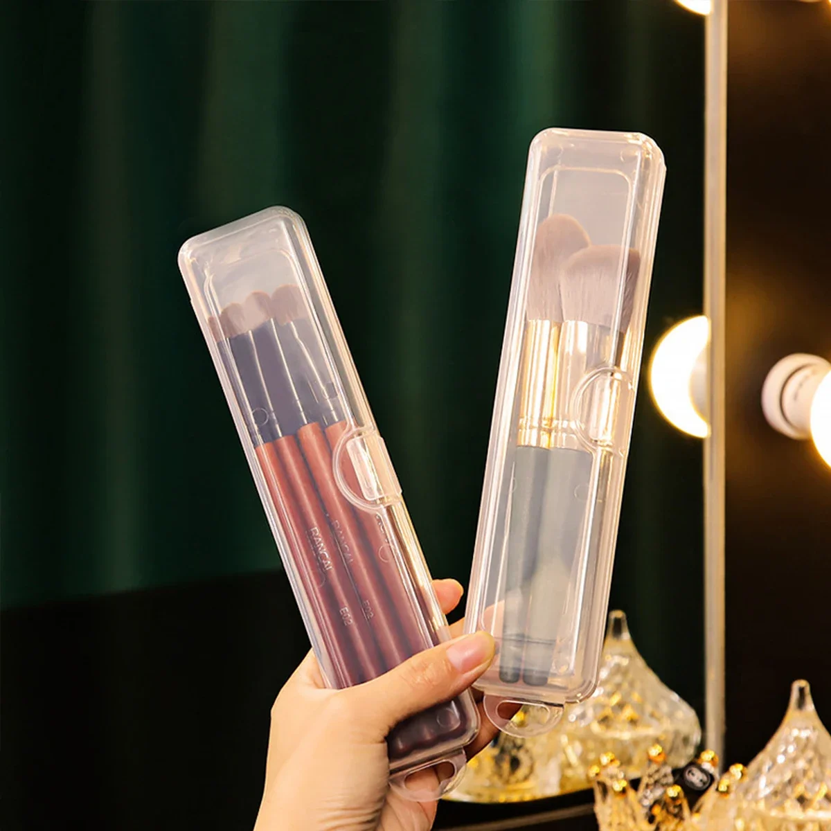 

1 шт., прозрачная портативная коробка для хранения с откидной крышкой, коробка для кистей для макияжа, органайзер для зубных щеток-карандашей для бровей, кон для хранения косметических кистей