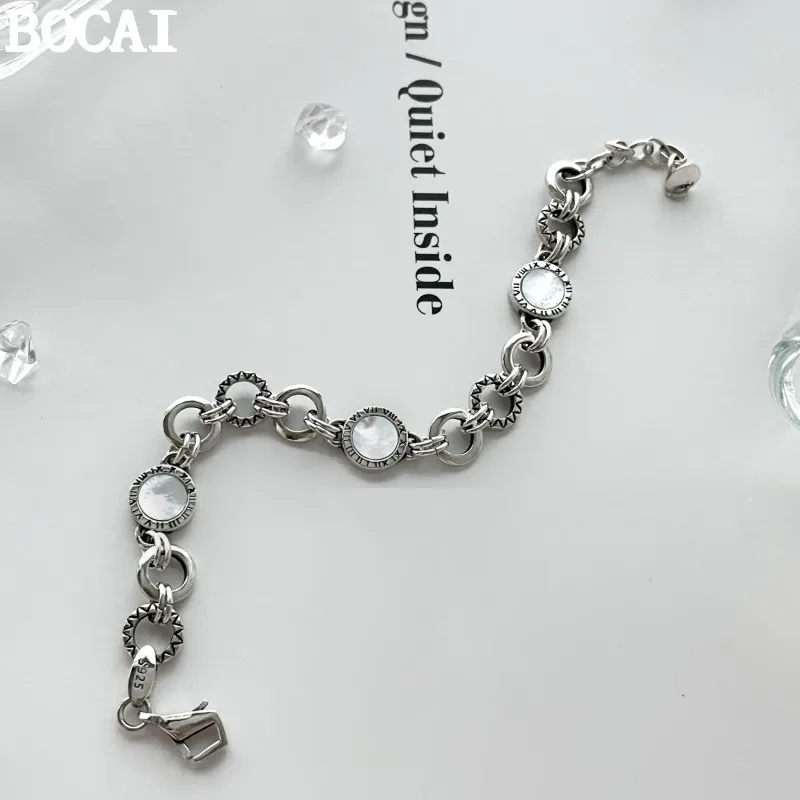 BOCAI New S925 Silver Fashionable And Simple Black Agate Shell Roman Numerals Bracelet Necklace Women's Selected Gift