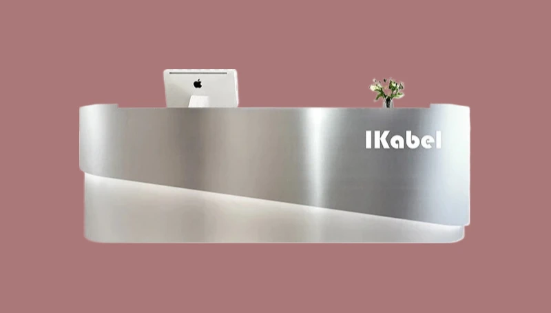 

Stainless steel checkout page Beauty salon Barber shop Curved bar table Company front desk