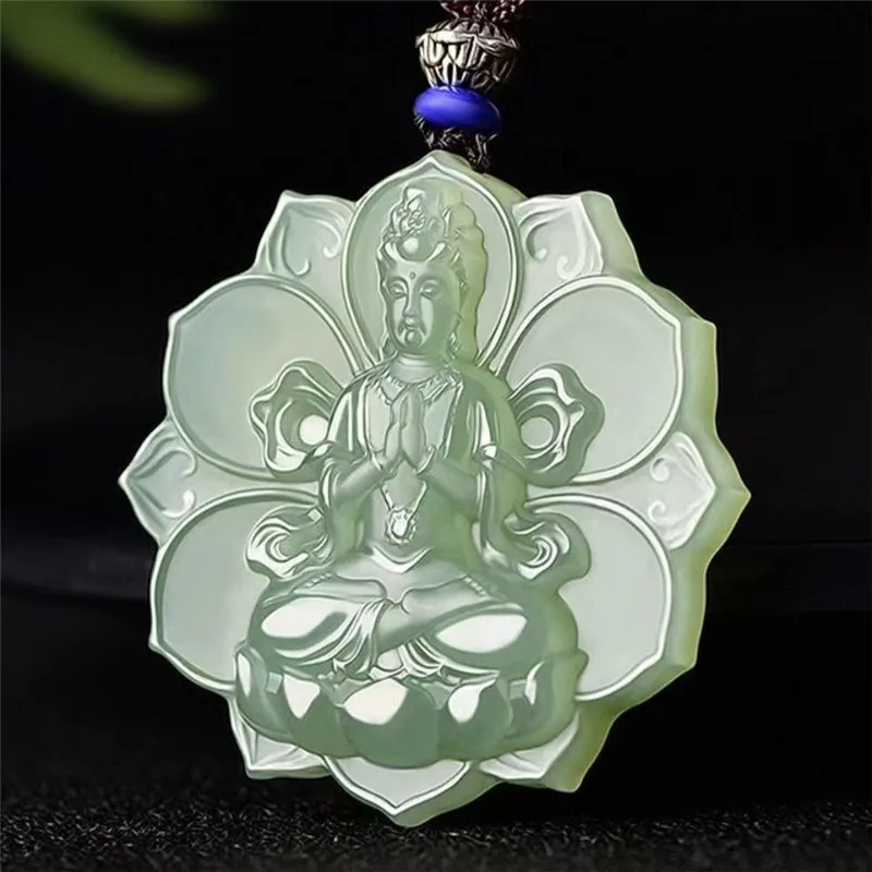 

Green Jade Lotus Goddess of Mercy Pendant Men's Green Jade Duomo Bodhisattva Pendant Jade Necklace