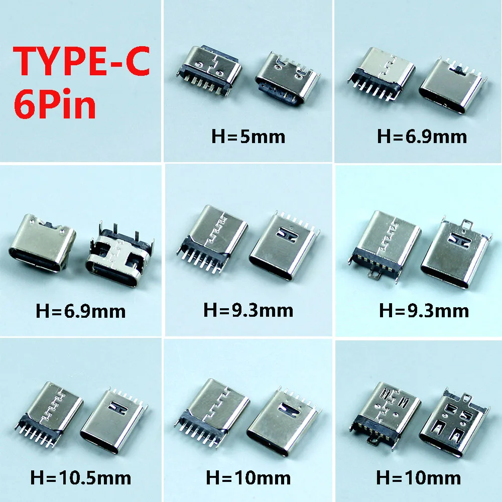 10pcs USB Type-C 6Pin 180 Degree Vertical Female Socket 5mm 6.9/9.3/10 10.5mm Straight Plug Fast Charge high-speed USB Connector