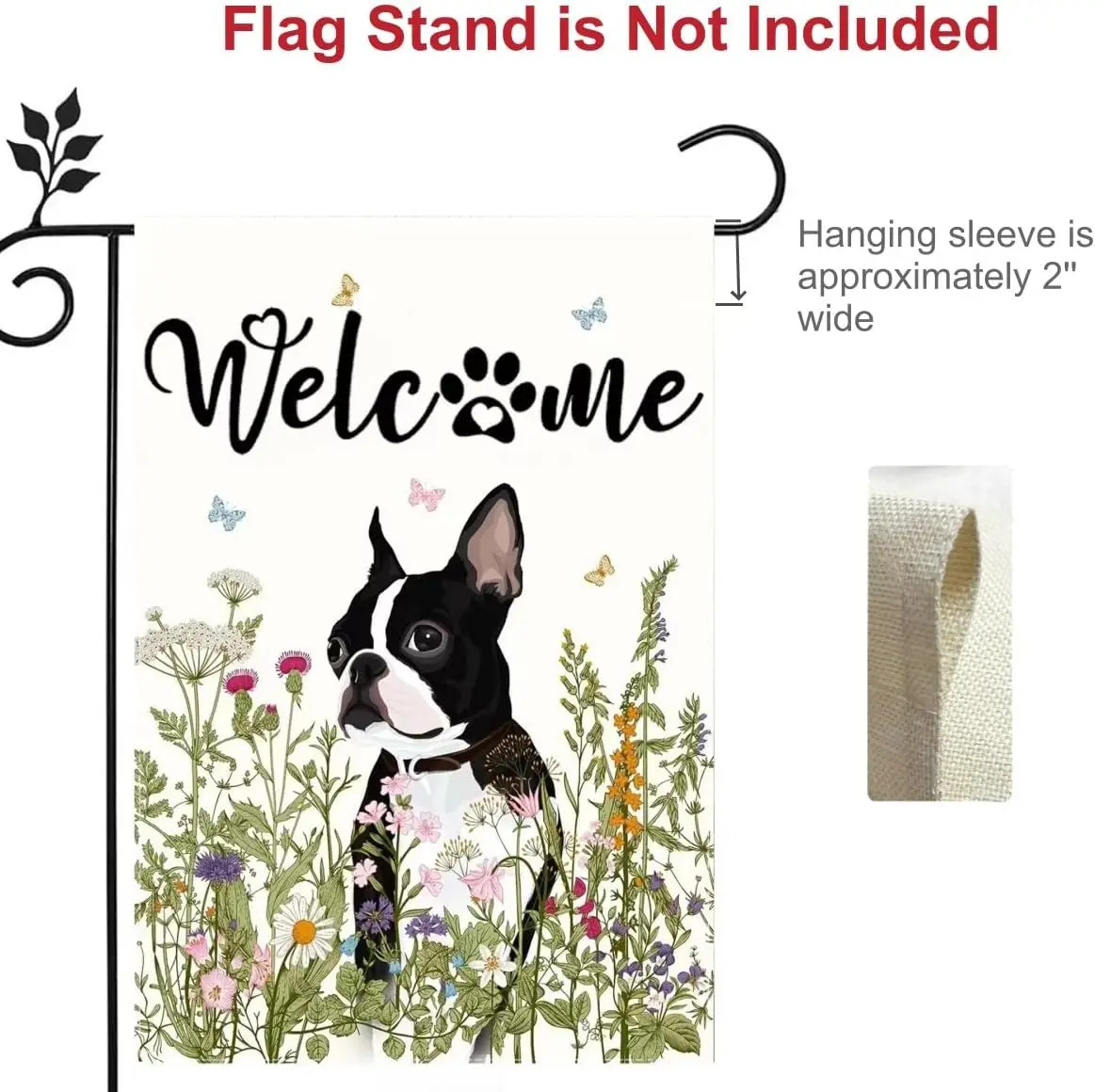 Spring Summer Welcome Garden Flags for Outside 12x18 Double Sided Burlap, Funny Floral Dog Boston Terrier Garden Flag for Outdoo