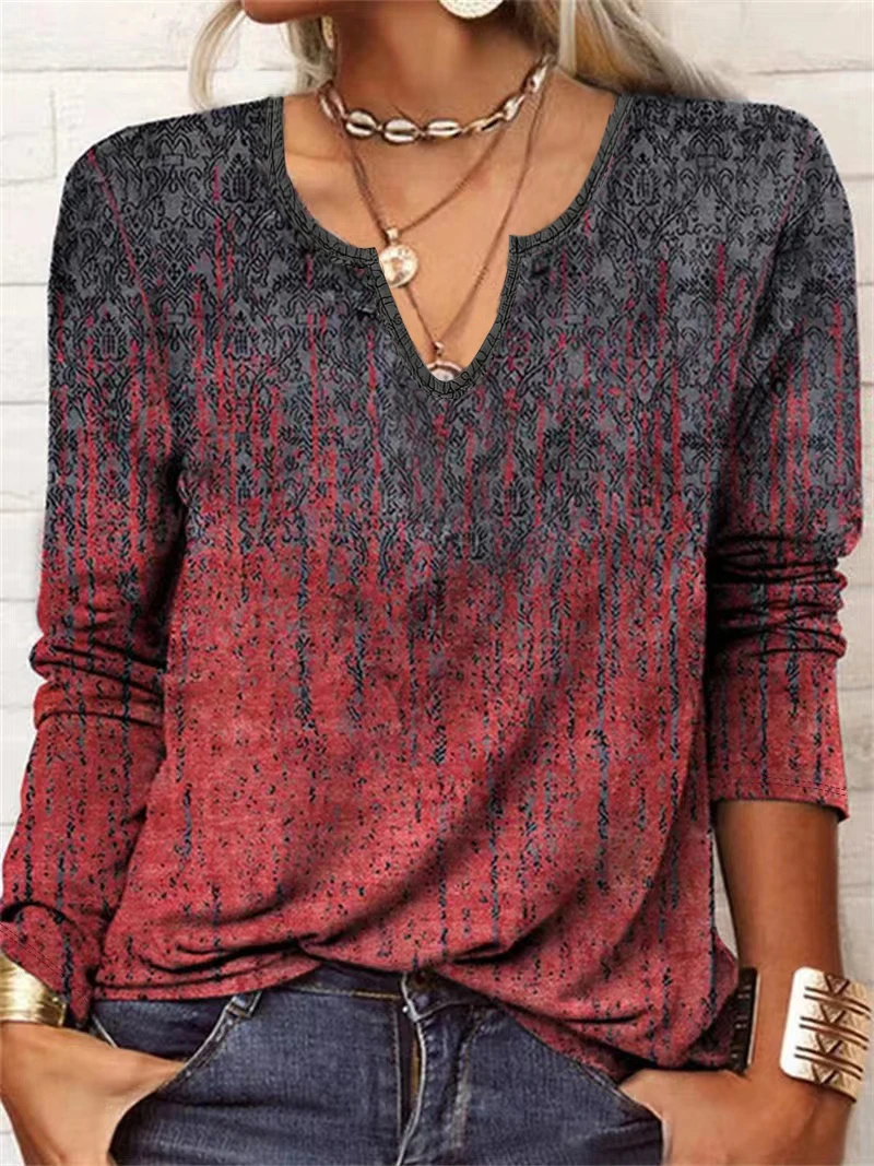 

Женская повседневная футболка больших размеров с длинным рукавом и v-образным вырезом с цветным принтом, удобная футболка с круглым вырезом