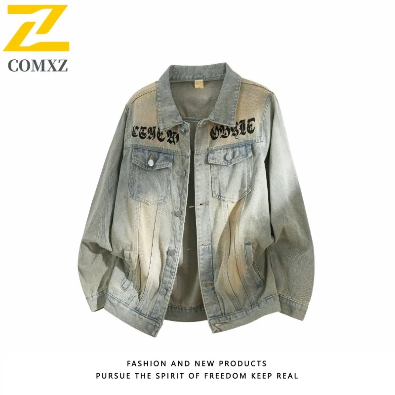 

COMXZ 2025 Men American Street Print Denim Jacket Autumn Loose Fit Workwear Casual Fashion Trendy Oversized Vintage Style