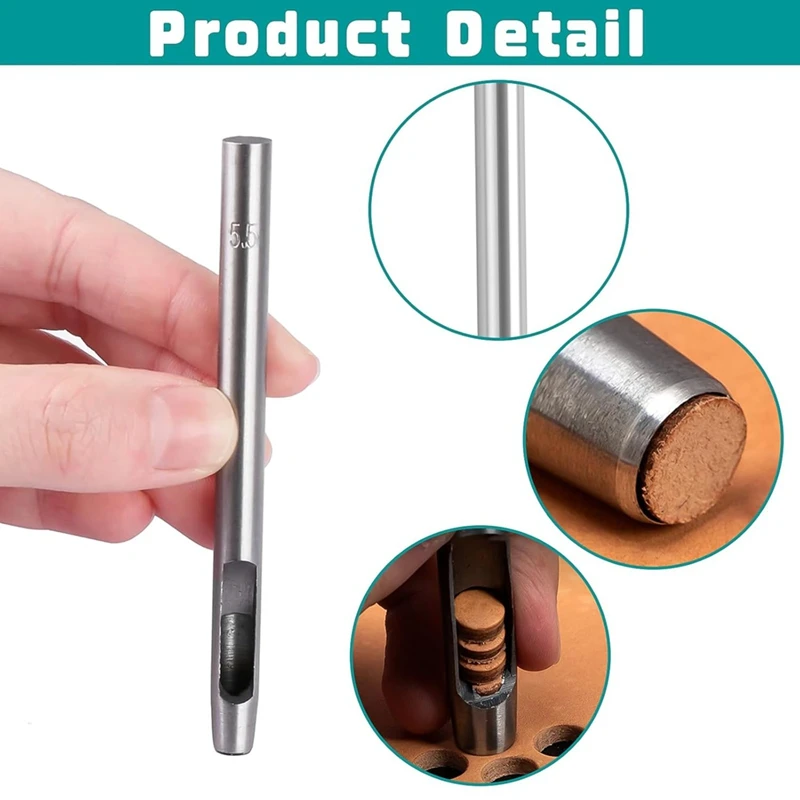 가죽 구멍 펀치 세트, 라운드 스틸 할로우 펀치 세트, 고무 망치 1 개, 가죽용, 0.5mm ~ 6mm, 15 피스