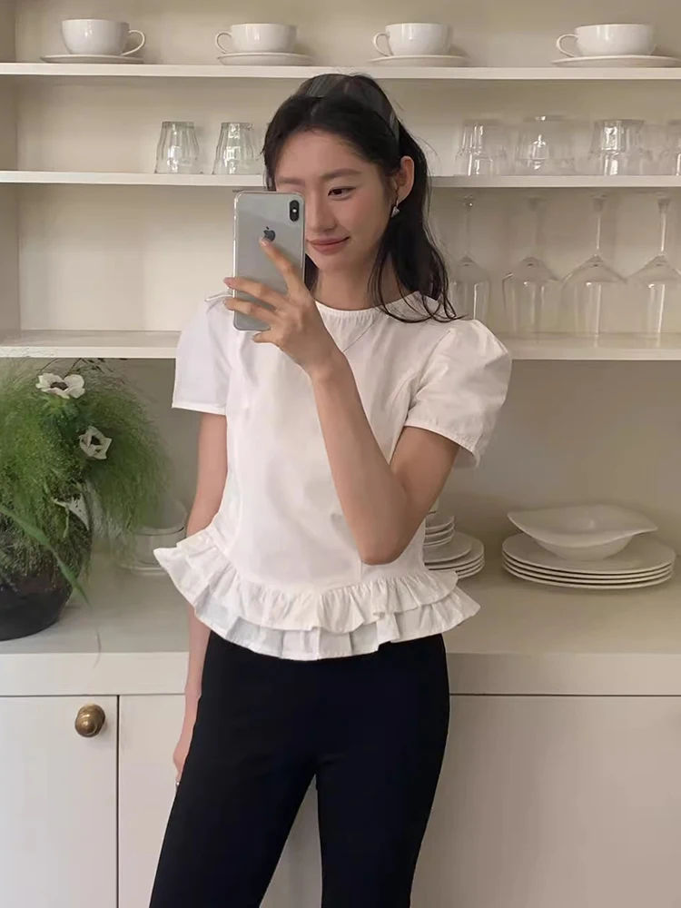 

Chic Summer Sweet round Ne Splice Design Double Layer Lace ort Sve irt Women's Faionable Slimming Korean Sle