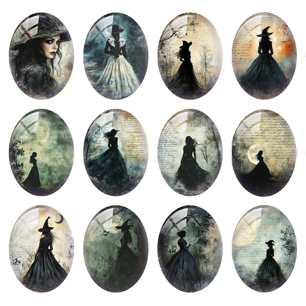 

10pcs/lot Halloween Gothic Dark Witch Moon Night Forest Girl Oval Photo Glass Cabochon Flatback Demo Cameo Diy Jewelry Making