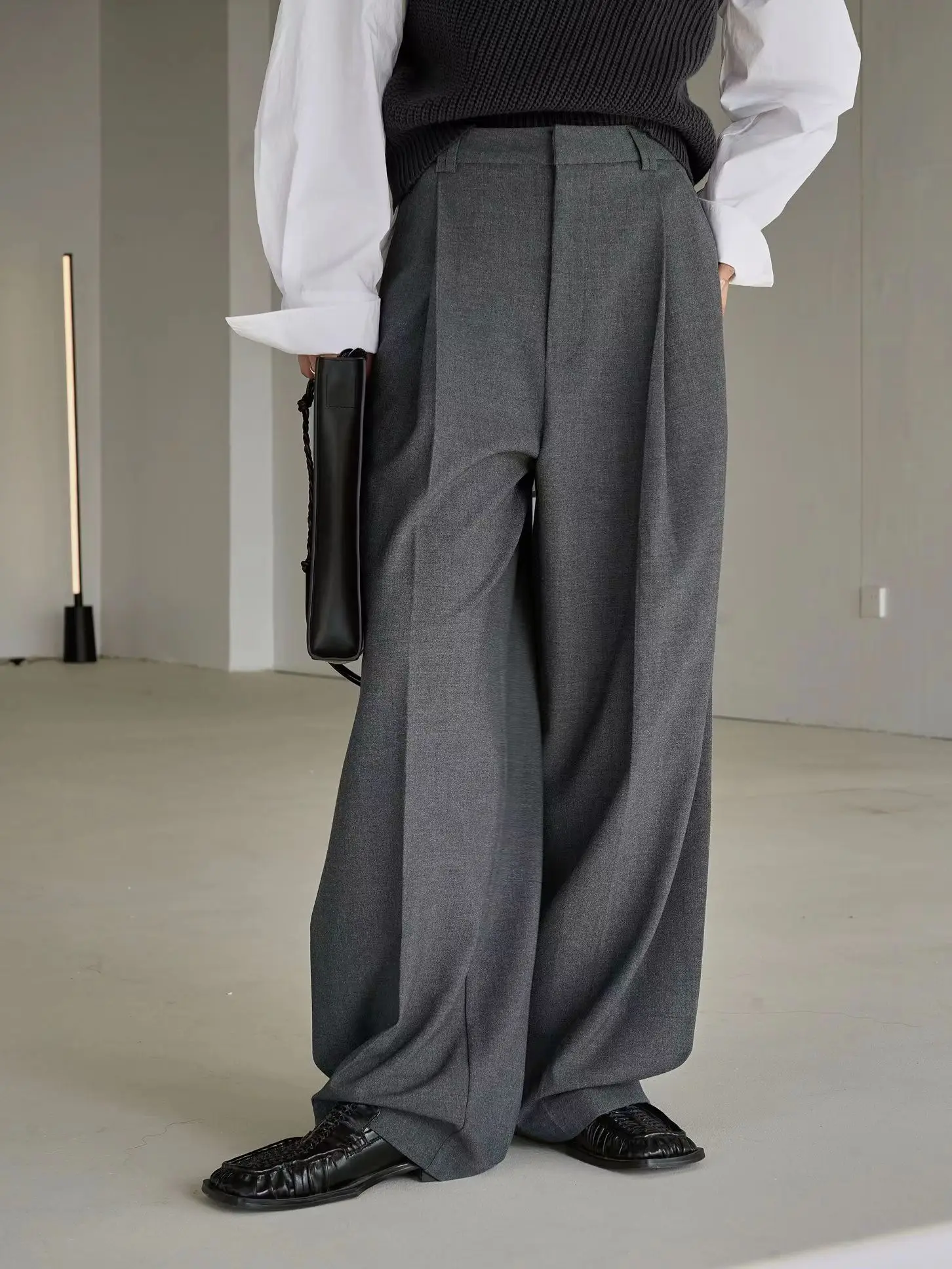 Autumn and Winter Casual Solid Color High Waist Wide Leg Pants for Women