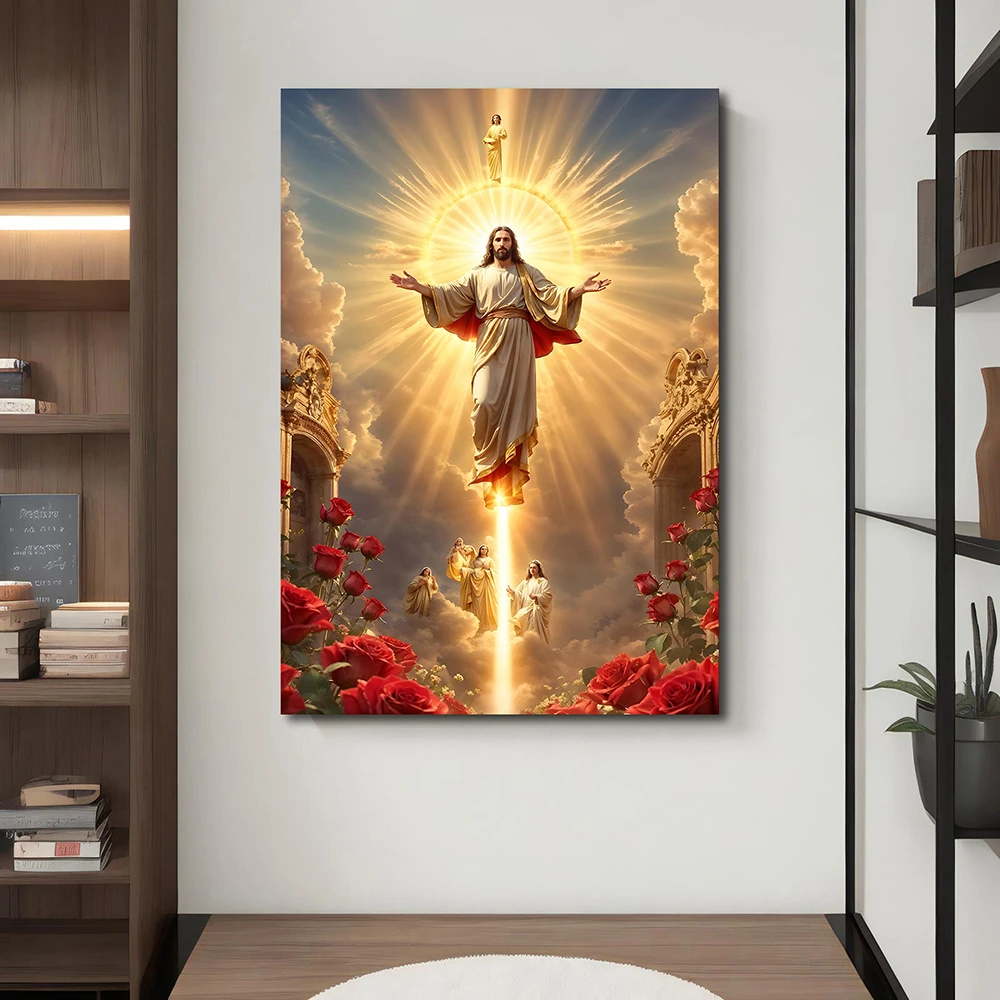 Ascension of Jesus Christ Canvas Print, Heavenly Light & Angels Religious Wall Art, Roses Theme Spiritual Decor, No Framed Ch