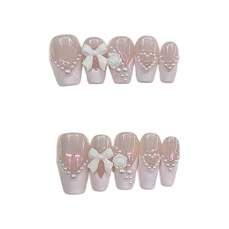 10 Pieces Sweet Elegant Glitter Handmade Press On Nails Pink Aurora White Bow Roses Cat Eye Art Fake Nails Removable Reusable