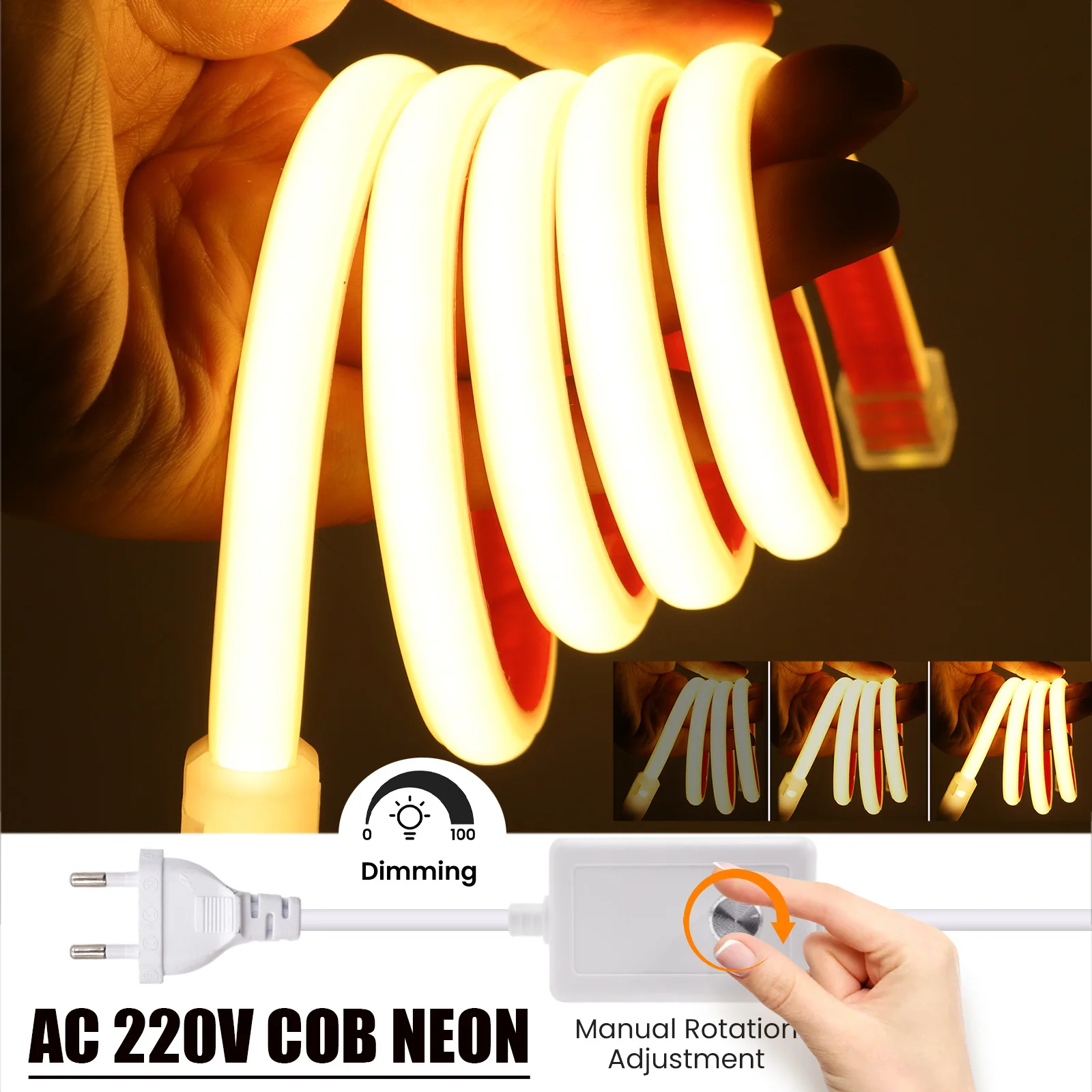 Dimmerable COB Neon Strip AC 220V IP65 Waterproof 3000K 4000K 6000K White Garden Home Decor Self Adhesive Tape Strip Chain Light