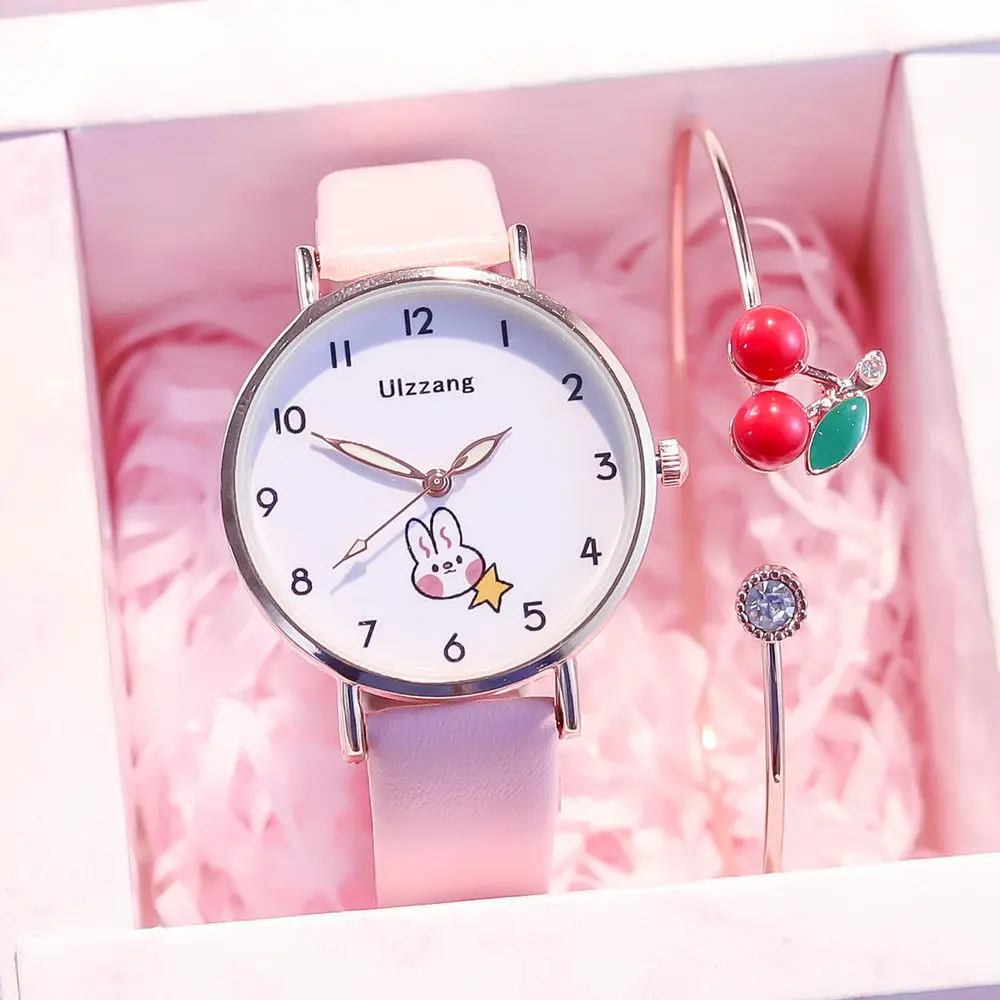 Girls Watch Set with Bracelet Cute Little Girl Student Rabbit Dial Leather Quartz Luminous Analog Children Watches Birthday Gift