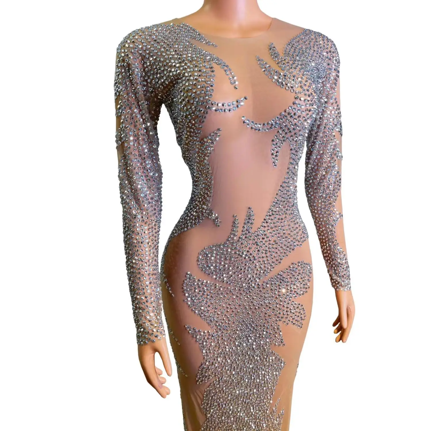Huasheng Women Round Neck Long Sleeve Floral Rhinestone Sheer Mesh Bodycon Maxi Dress See Through Cocktail Birthday Gowns - view 4