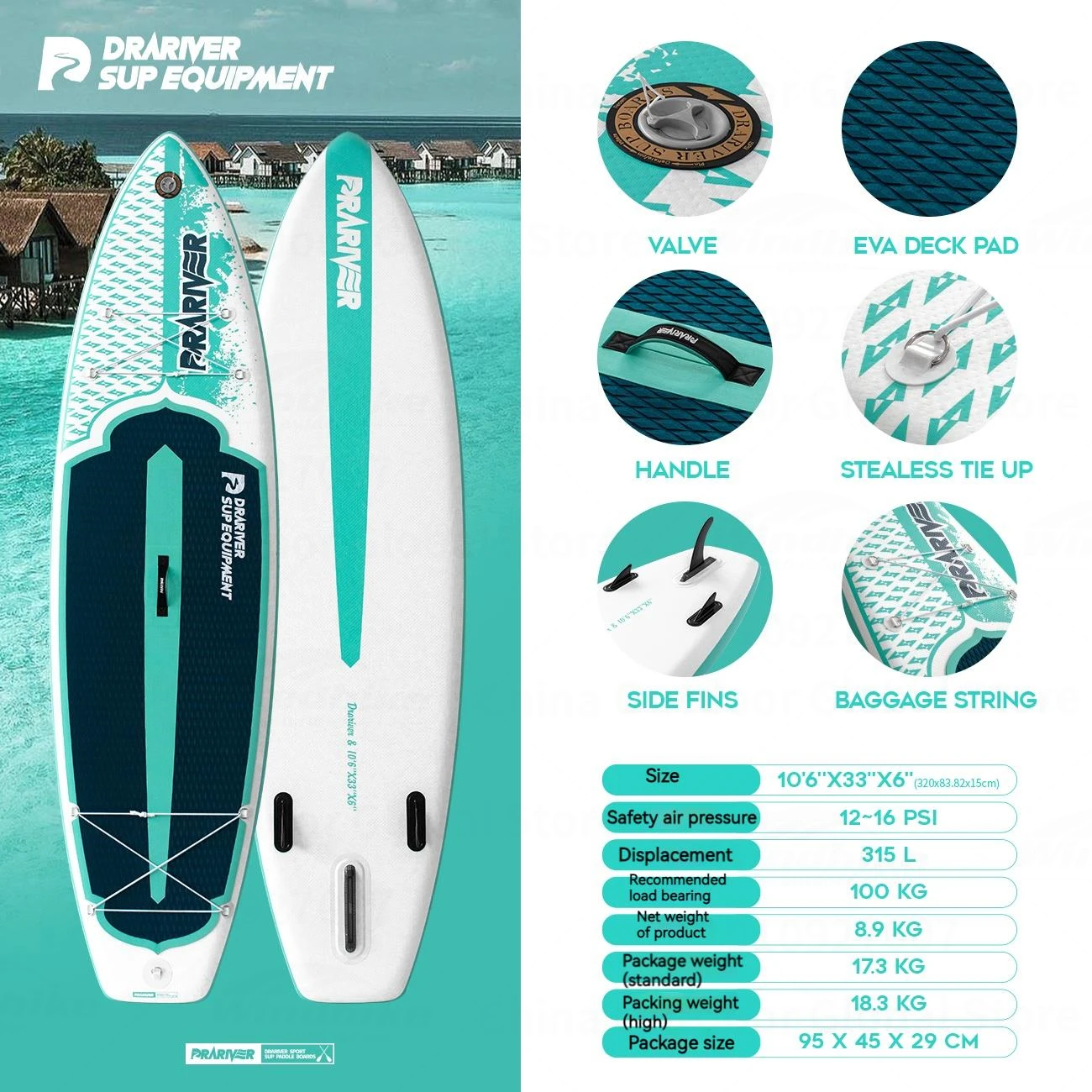 Query LIVE DRARIVER-Ensemble de planche de surf professionnel pour sports nautiques, SUP Stand Up Paddle, Tail Fin, Olig8.9 KG, 10'6 "x 33" x 6"