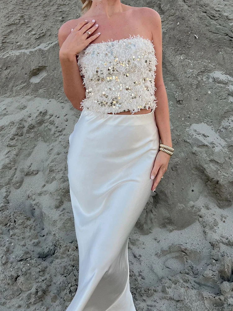 

Fashion Plush Beach Vacation Slim Tops Lady Off Shoulder Solid Color Commute Camisole Sexy Tube Top Sequins Sleeveless Tank Tops