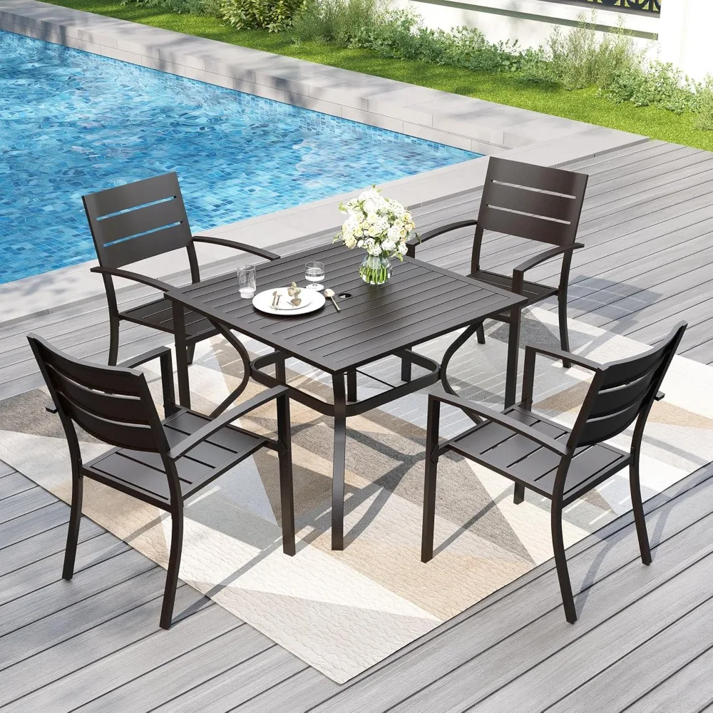 

5 Pieces Outdoor Patio Dining Set for 4, 37" Black Square Metal Table with Umbrella Hole & Stackable Wrought Iron, Customized