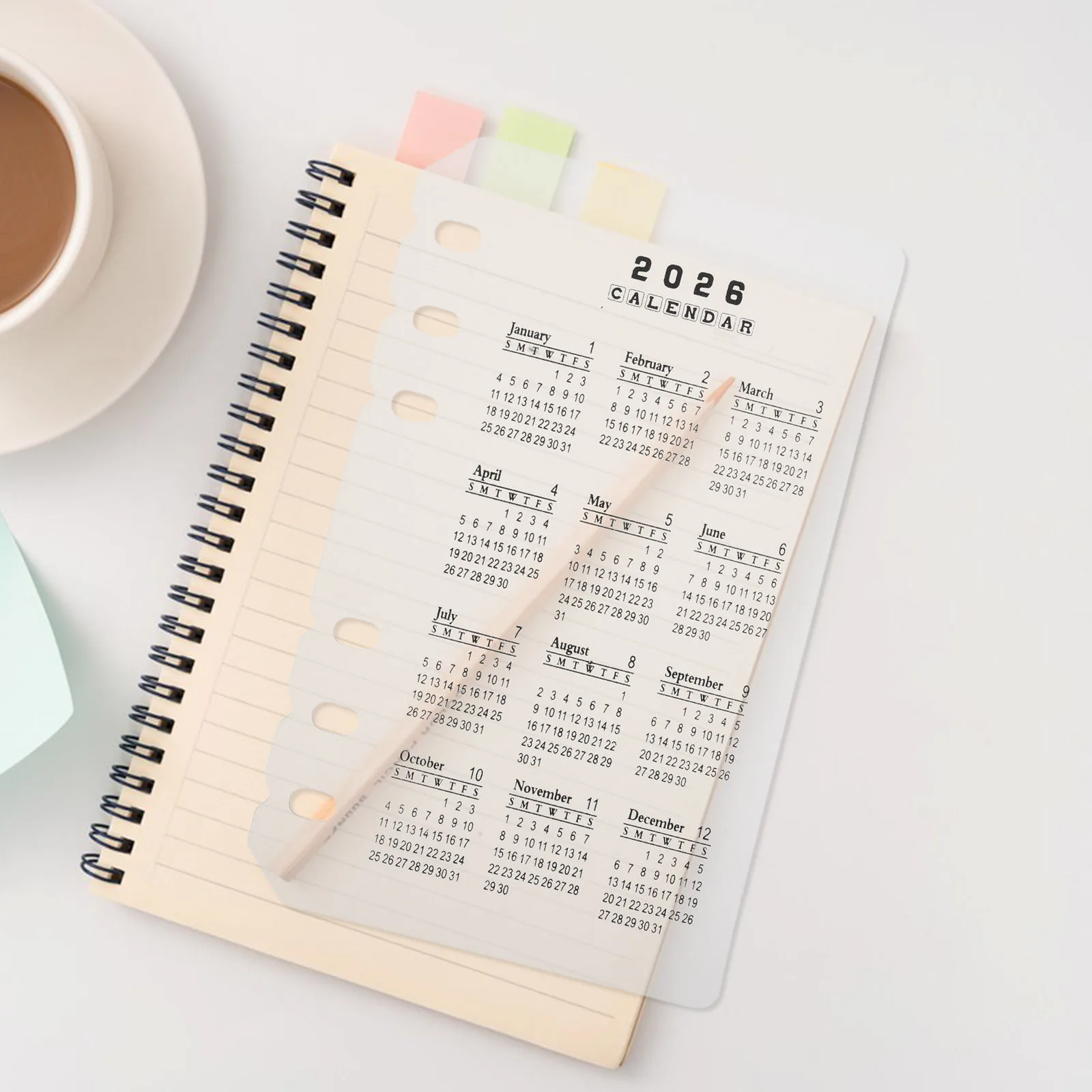 Divisores de calendario esmerilados 2026, plástico A6, inserciones recargables de 6 agujeros, cuaderno planificador, suministros de oficina, recargas de calendario, fecha, 4 Uds.