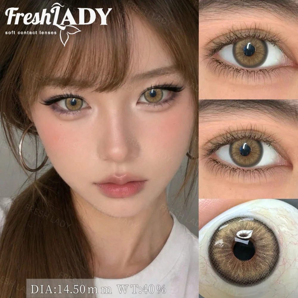 Fresh Lady 1 Paar braune Kontaktlinsen, natürliche grüne Pupillen, Kontaktlinsen für große Augen, weiche Kontaktlinsen 14,20-14,50 mm