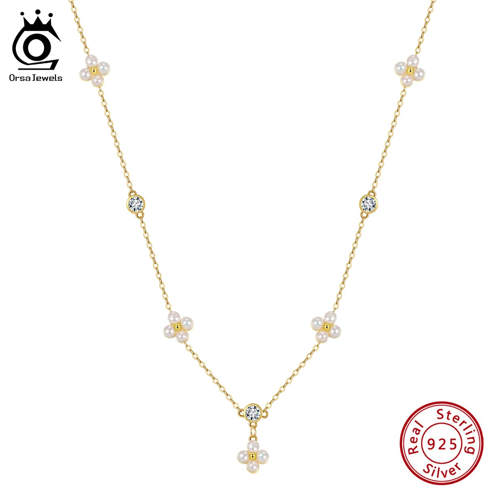 

ORSA JEWELS Elegant Flower Pendant Necklace 925 Sterling Silver Real Pearls Flower Zircon Vintage Choker Chain Party Gift GPN100