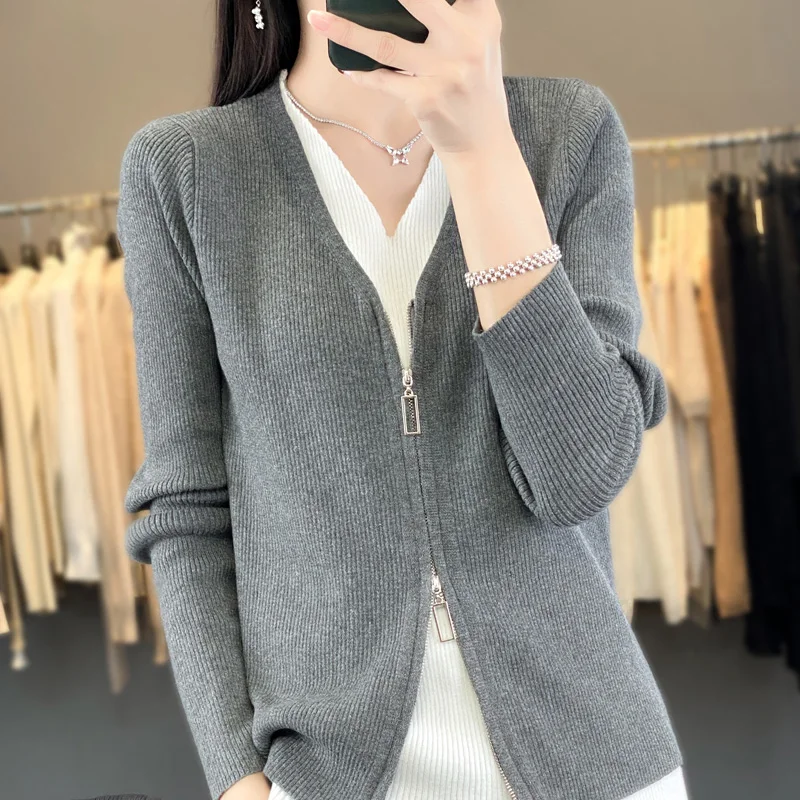 Women's cardigan new casual patchwork knit V-neck jacket zipper fit Tops Japanese and Korean style holiday two-piece Blouse