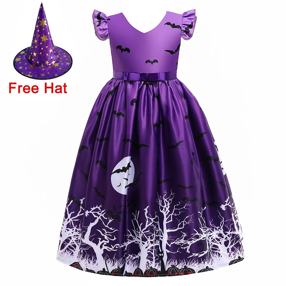 Halloween Ghost Pumpkin Print Costume for Girls Carnival Bat Purple Bow Birthday Party Dresses Gothic Cosplay Prom Kids Clothing