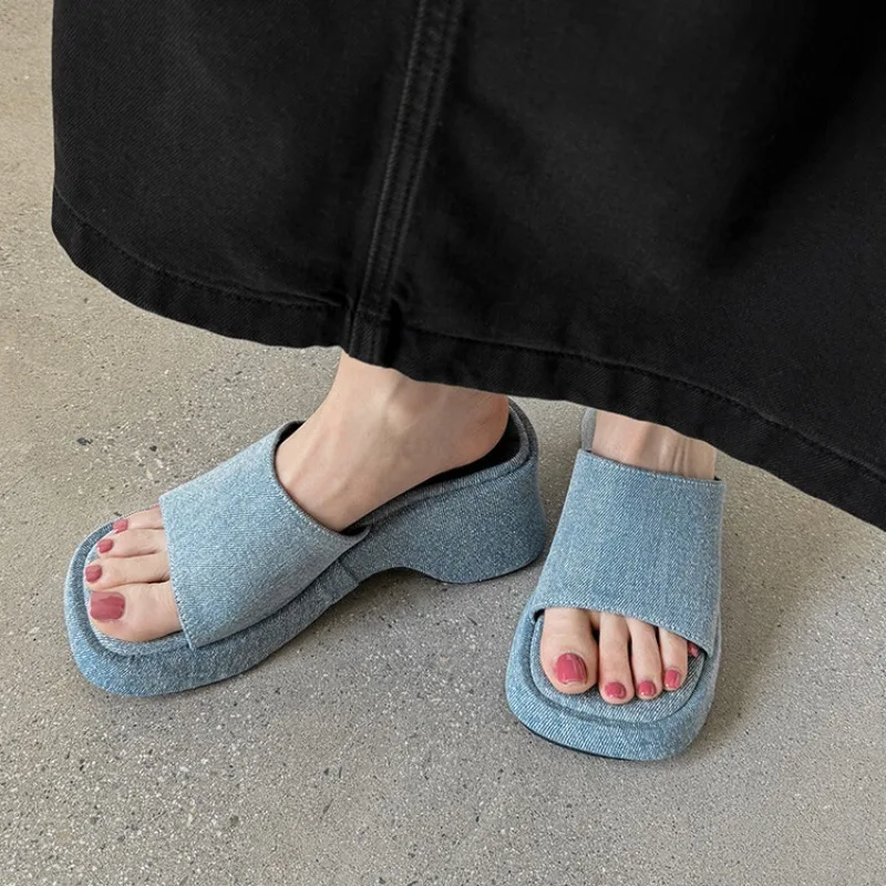 Platform Denim Slipper Lady Round Toe Open Toed Casual Flip-flops Vintage Outdoor Casual Slides Femaleall-match Mocasines