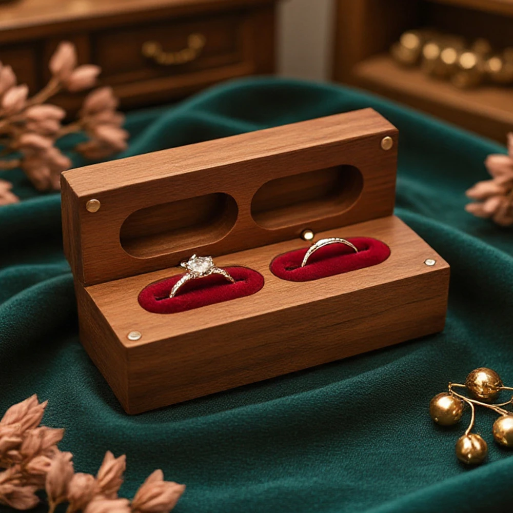 

Роскошная шкатулка для колец из массива дерева для мужчин и женщин, 2 отделения, ретро-дизайн, с бархатной подкладкой, футляр для хранения ювелирных изделий, романтический свадебный подарок для пары